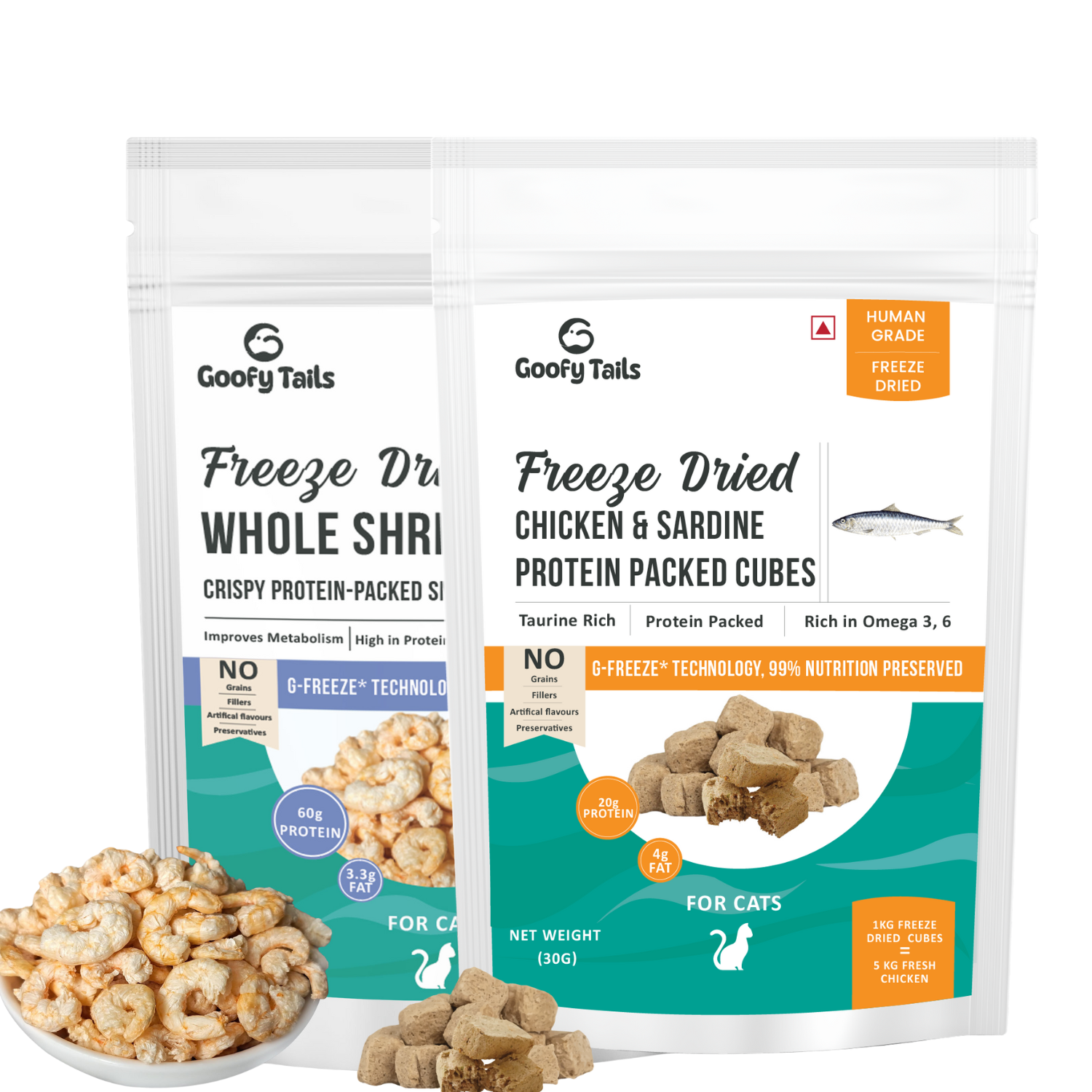 Freeze Dried Shrimp + Chicken & Sardine + Tuna Chunks  Treat Combo for Cats and Kittens