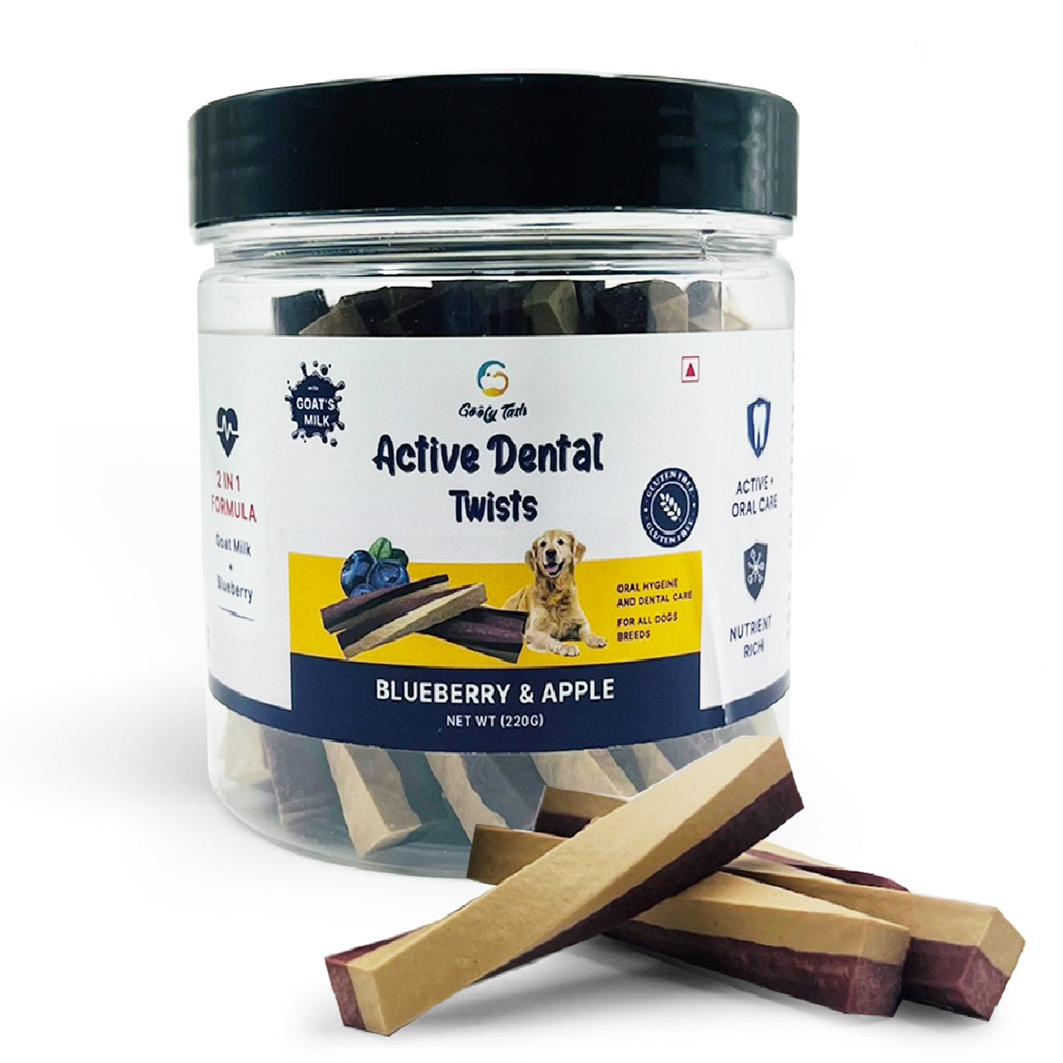 Goofy Tails Active Dental Sticks | Dog Treats Non-Vegetarian | Dental Sticks for Dogs (Blueberry & Apple)