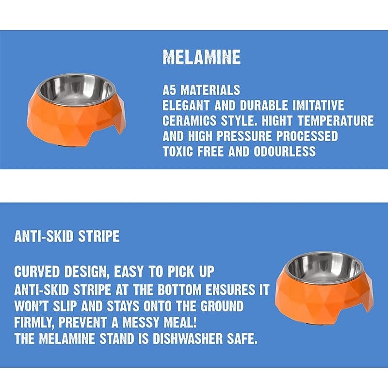 Goofy Tails Stainless Steel and Melamine Dog Bowl with Rubber Anti Skid Base Diamond Design Bowls for Dogs (Orange) (Small-450ml) (7168170786966)