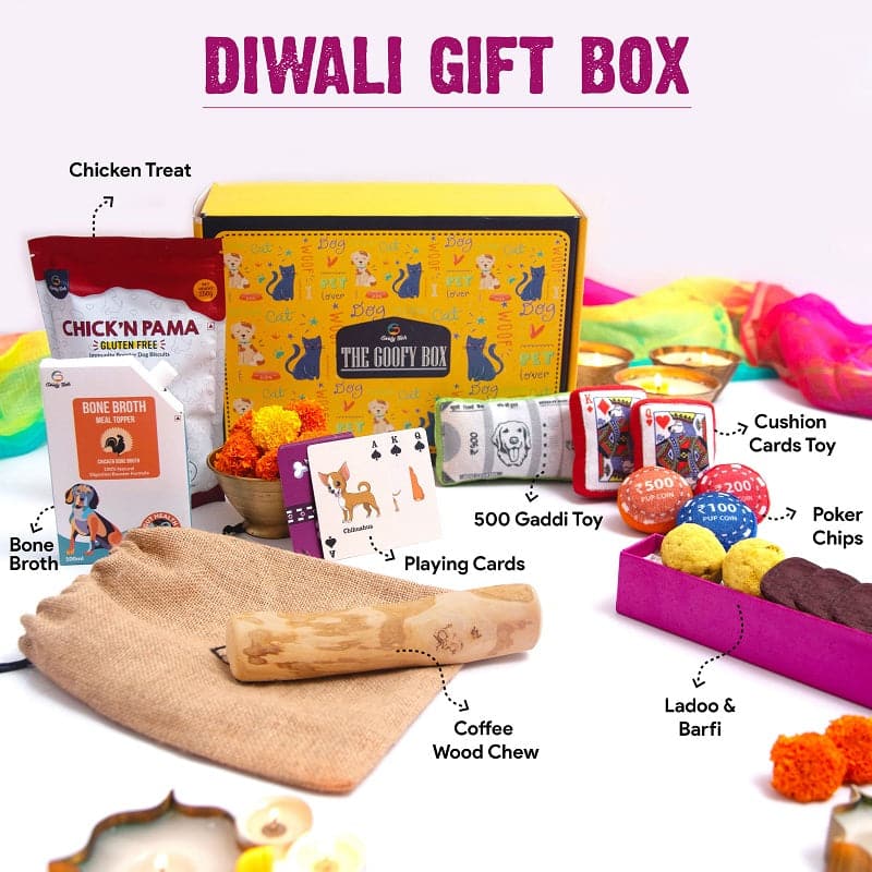 Diwali Gift Box For Dogs and puppies (Chicken Treat,500 ki gaddi, Bone Broth, Ladoo and Barfi, Coffee wood, pocker chips) (7617565065366)
