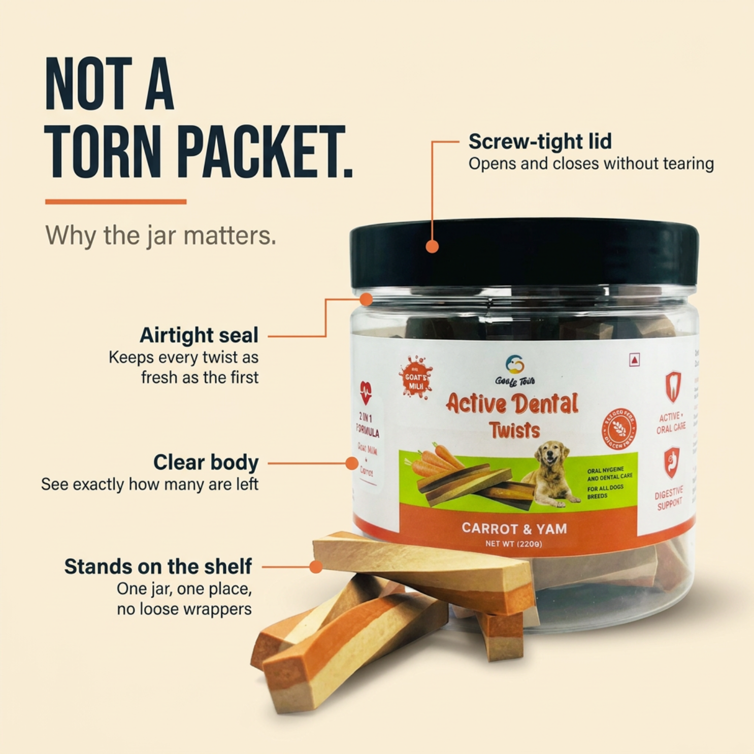 Goofy Tails Active Dental Sticks | Dog Treats Non-Vegetarian | Dental Sticks for Dogs (Carrot & Yam)