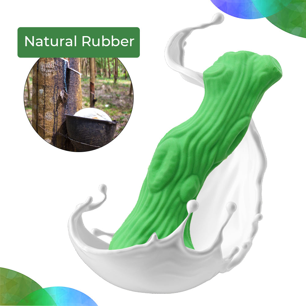 Natural rubber dog chew toy floating in a rubber milk