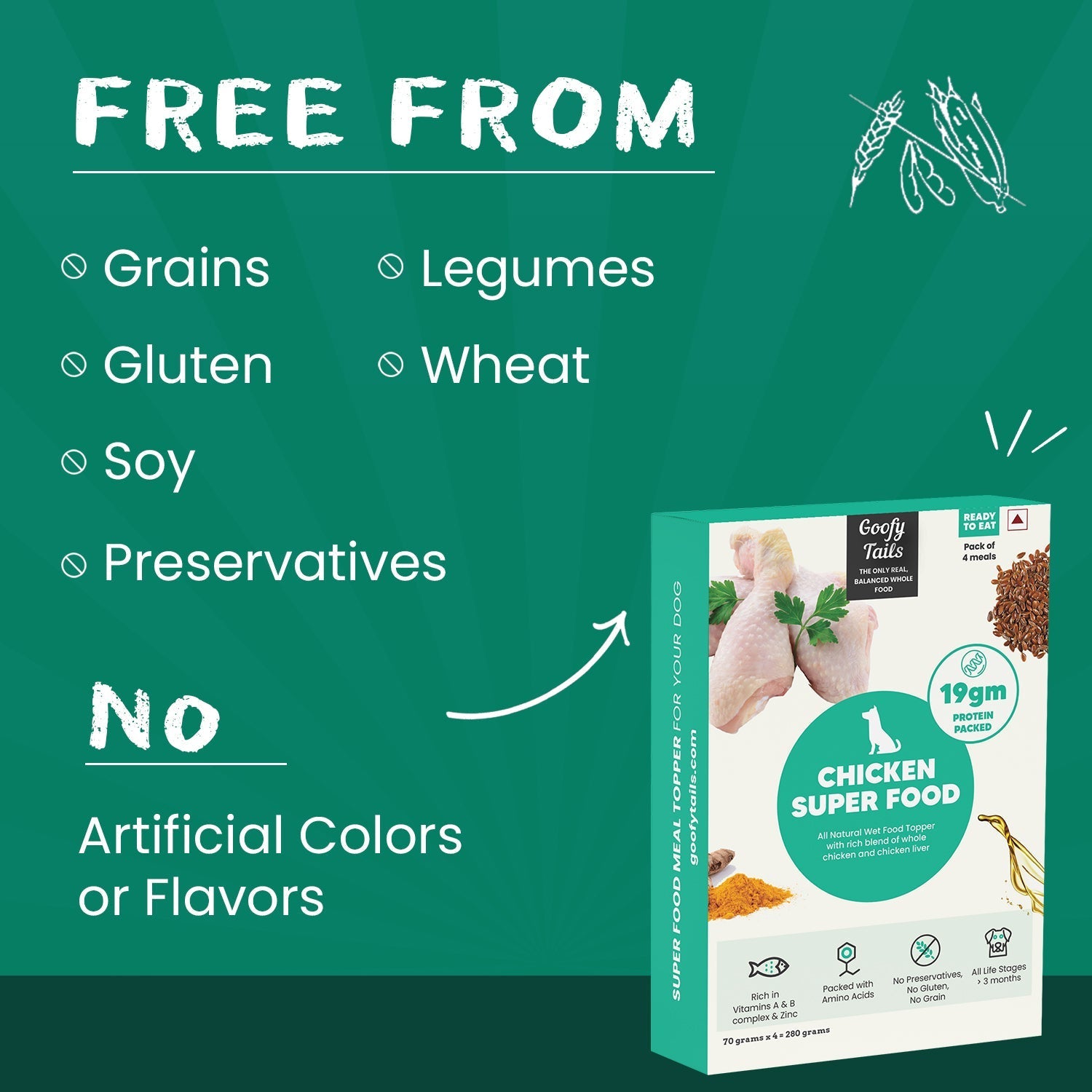 Chicken Superfood  meal topper free from grains, legumes, gluten, wheat, soy, preservatives  from gooofytails.com