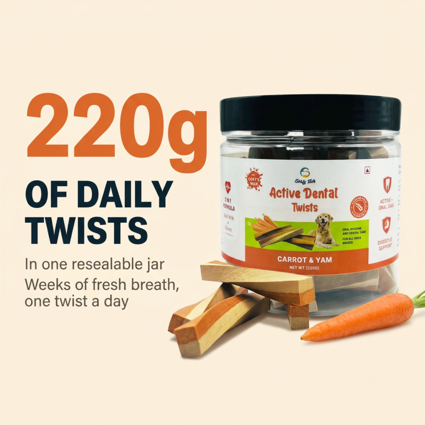 Goofy Tails Active Dental Sticks | Dog Treats Non-Vegetarian | Dental Sticks for Dogs (Carrot & Yam)