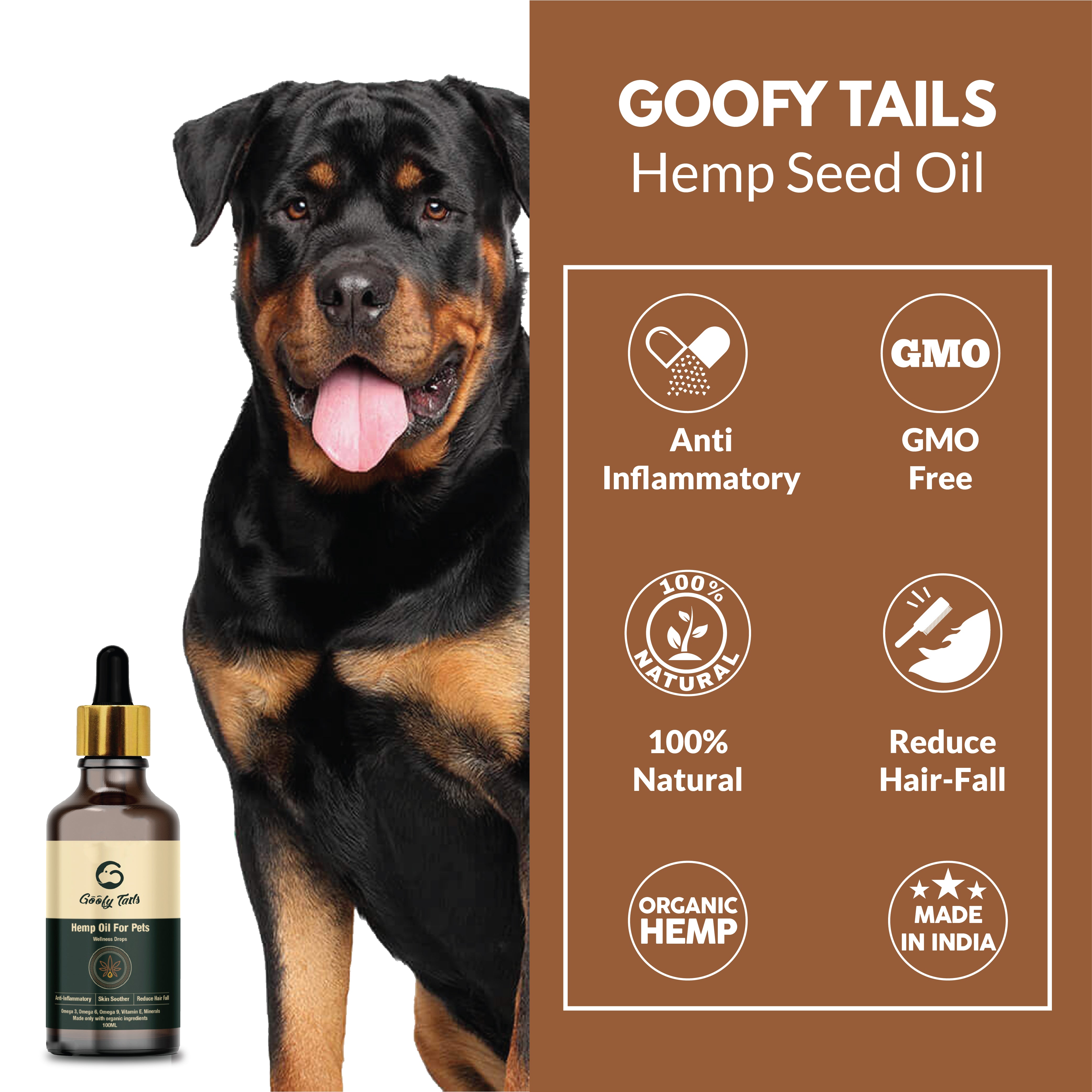 Goofy Tails Hemp seed oil with a rottweiler dog