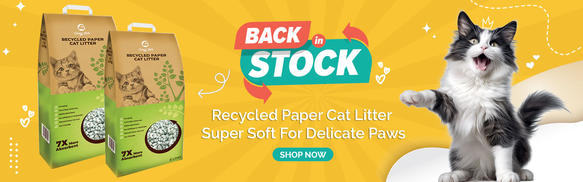 Recycled paper at litter is back in stock web banner from goofytails.com