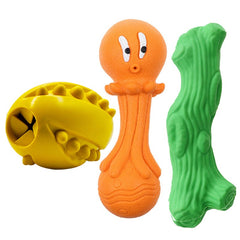 Goofy Tails Natural Rubber Dog Toys Combo - Studded Rugby Dog Ball+Octopus+Tree Trunk