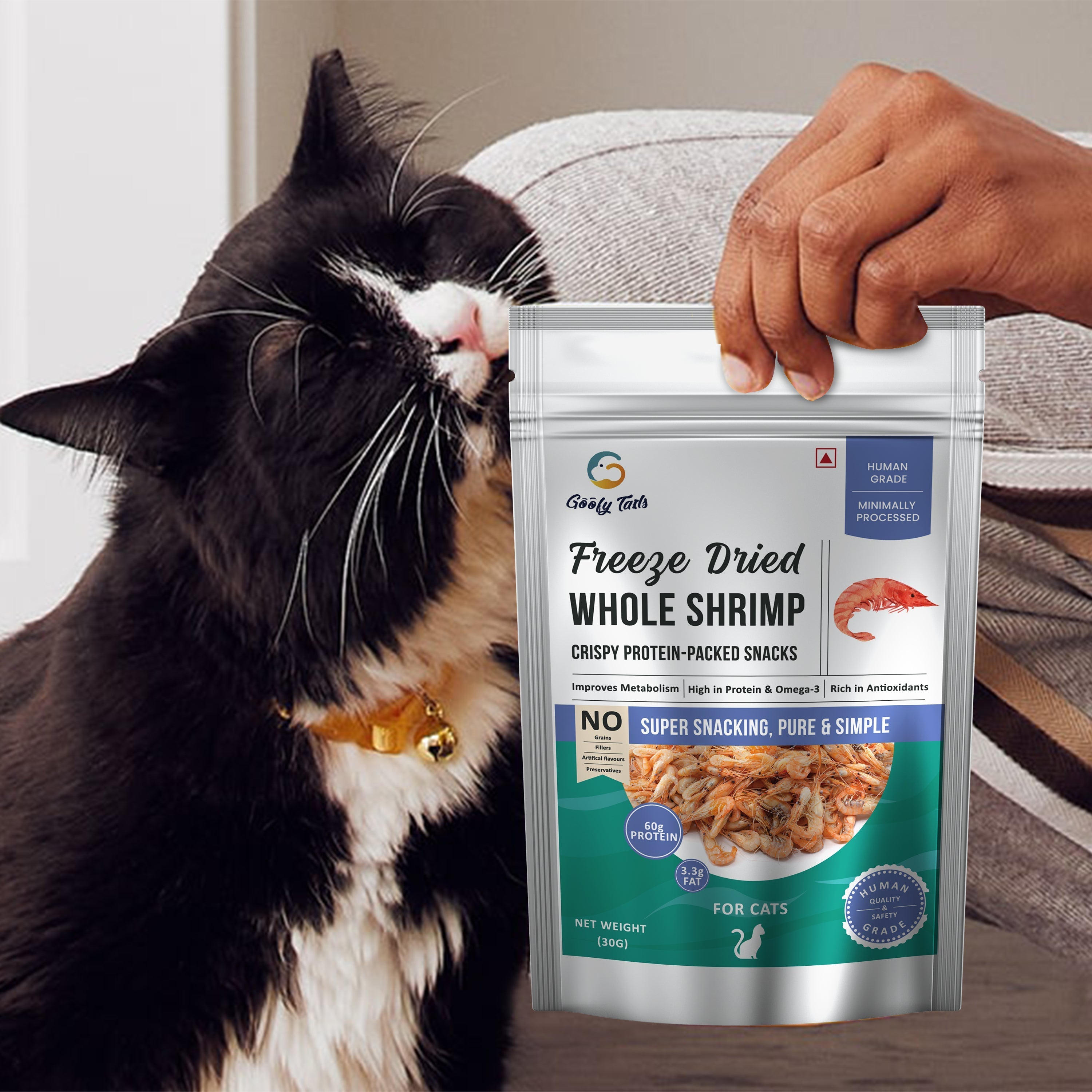 cat eating Freeze Dried Shrimp packet