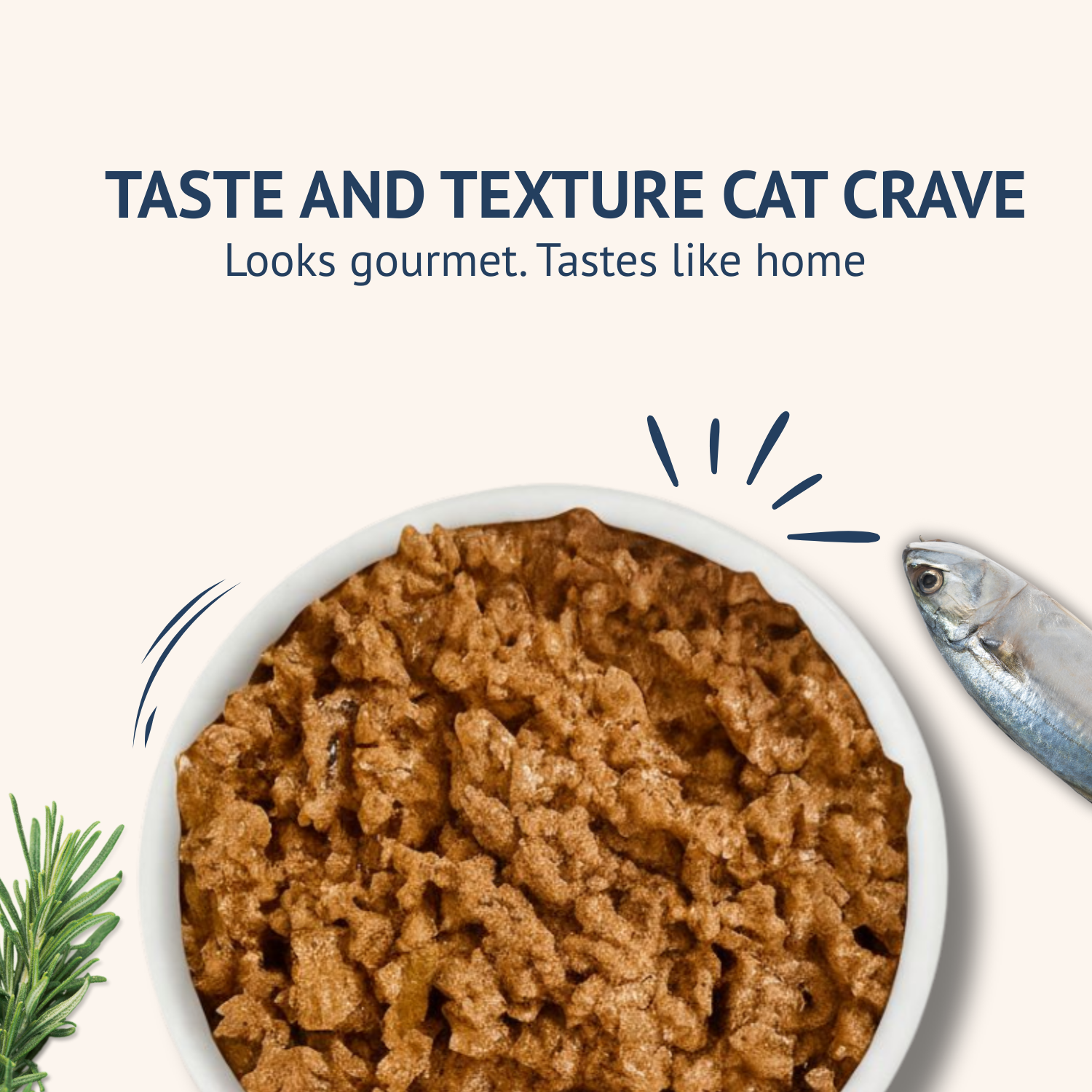 Cat food in a bowl with text 'Taste and Texture Cat Crave