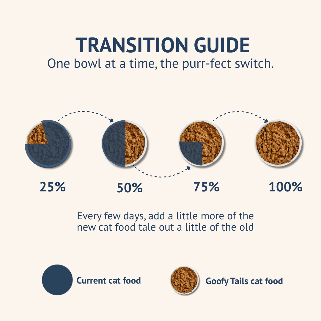 Transition guide for switching from current cat food to Goofy Tails cat food with visual representation of the process.