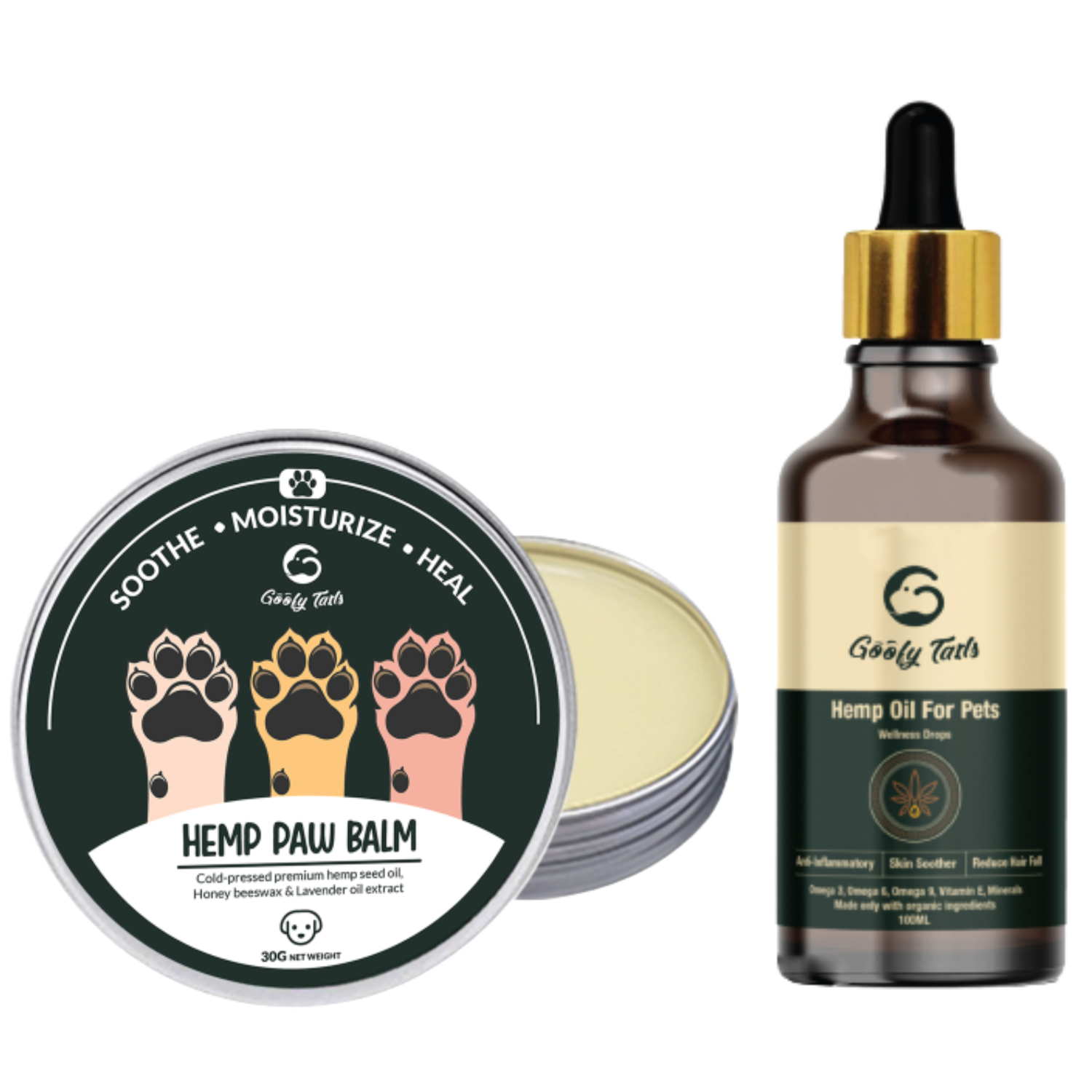 Presenting Goofy Tails Hemp paw Cream for Dogs and Hemp seed oil for dogs