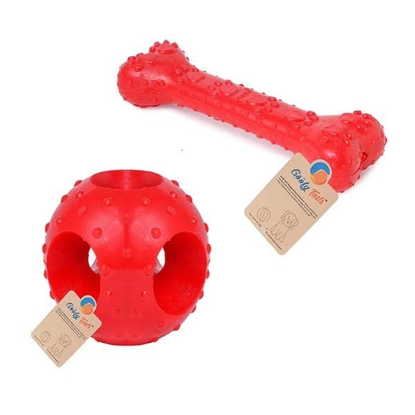 Goofy Tails Rubber Chew Toy Combo (Hole Ball + Rubber Bone) (Red,Large) (7168220889238)
