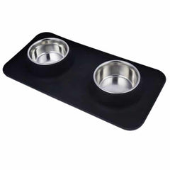 Goofy Tails Rectangle Silicone Double Dinner with Stainless Steel Food Bowl For Dogs (Black)
