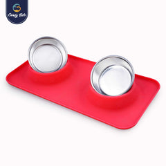Goofy Tails Rectangle Silicone Double Dinner with Stainless Steel Food Bowl For Dogs (Red)