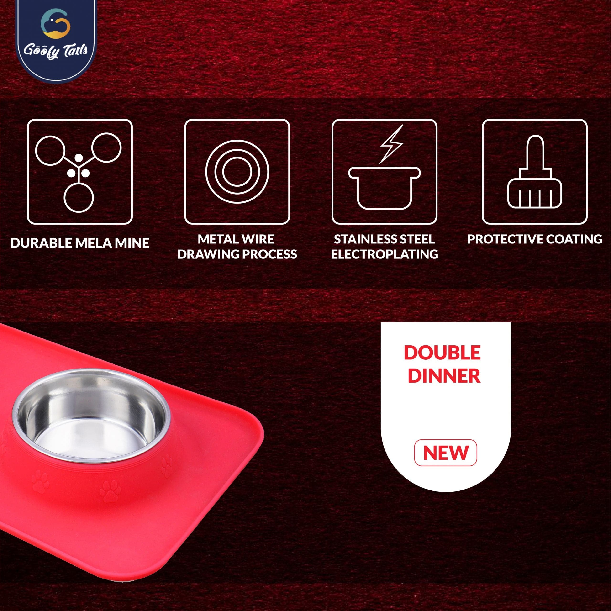 Goofy Tails Rectangle Silicone Double Dinner with Stainless Steel Food Bowl For Dogs (Red) (7168296190102)