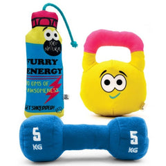 Goofy Tails Gym Series Combo (Kettlebell+Dumbbell + Energy Drink) Plush Toys for Dogs