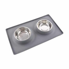 Goofy Tails Rectangle Silicone Double Dinner with Stainless Steel Food Bowl For Dogs (Grey)