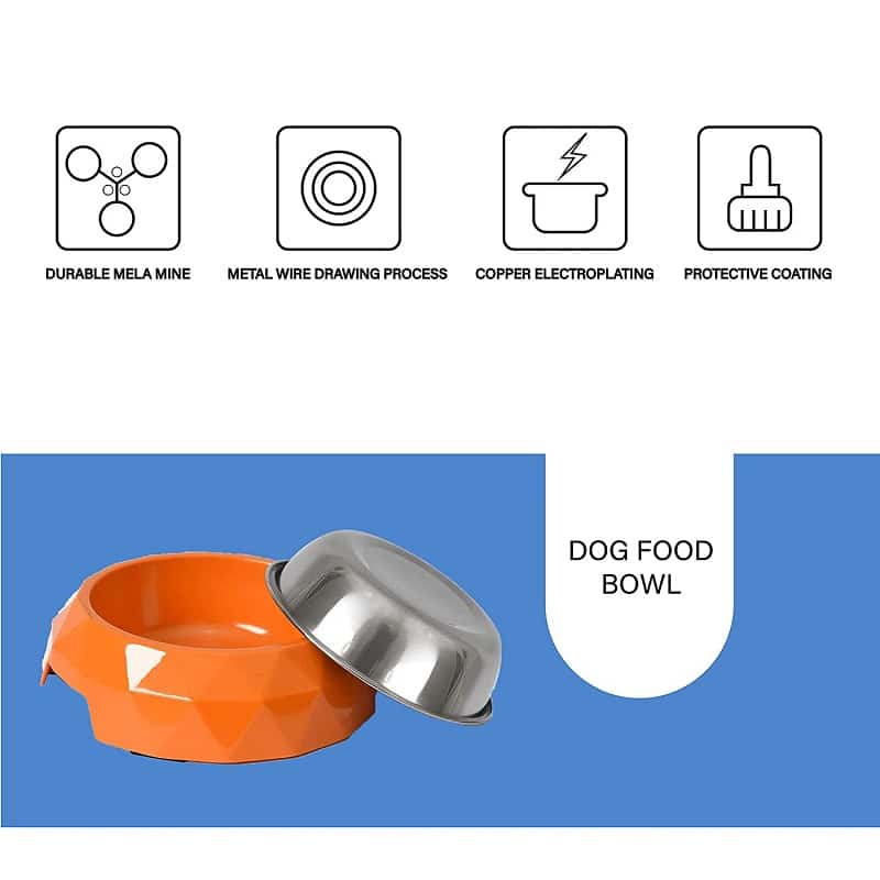 Goofy Tails Stainless Steel and Melamine Dog Bowl with Rubber Anti Skid Base Diamond Design Bowls for Dogs (Orange) (Large-940ml) (7168170688662)
