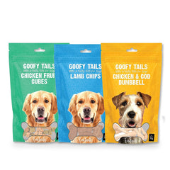 Goofy Tails Treat Combo for Dogs and Puppies - Pack of 3 (COD Dumbbell + Chicken Fruit Cubes+ Lamb Chips)