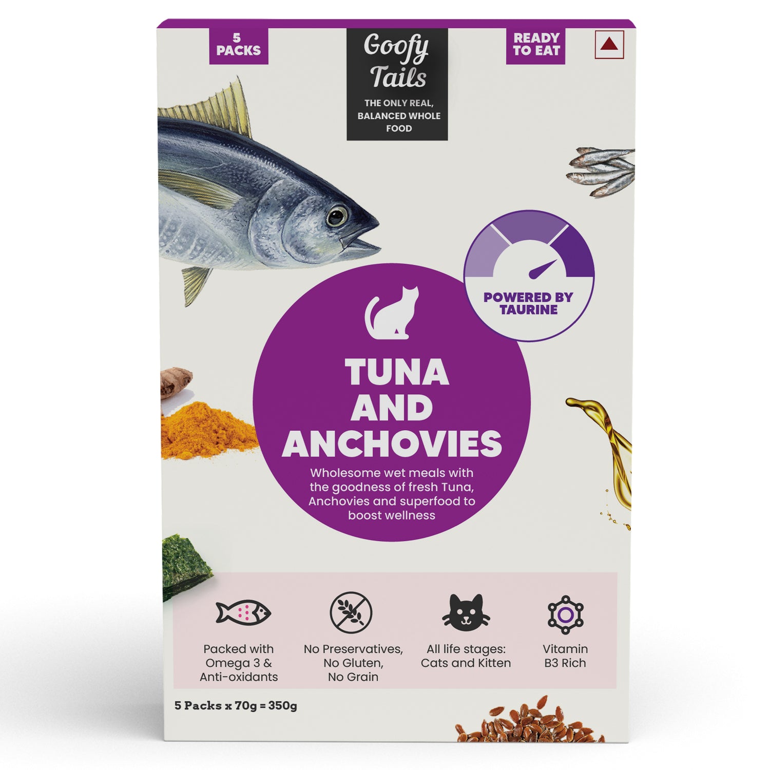 A Pack of all-natural wet cat food with tuna and anchovies by goofy tails