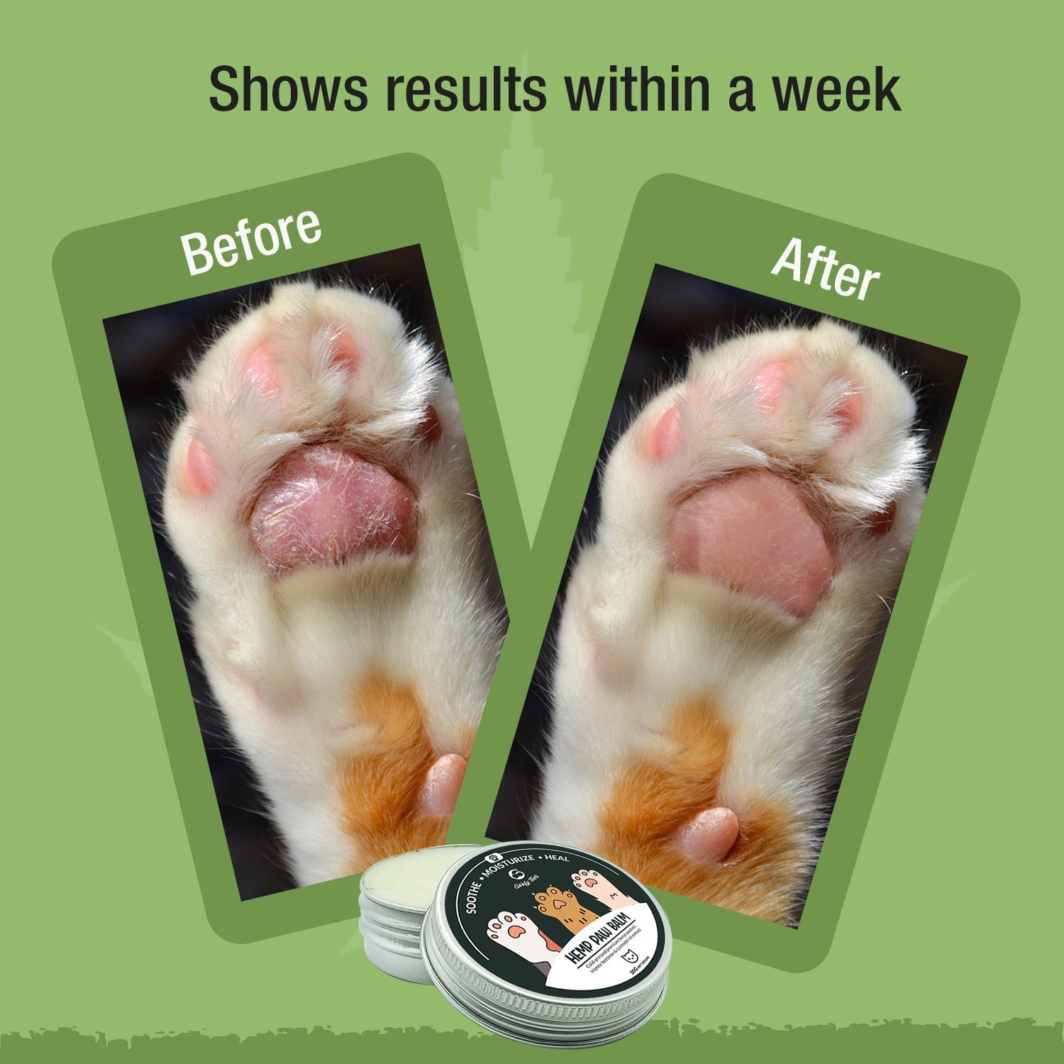 Before and after results from goofy tails paw cream for cats