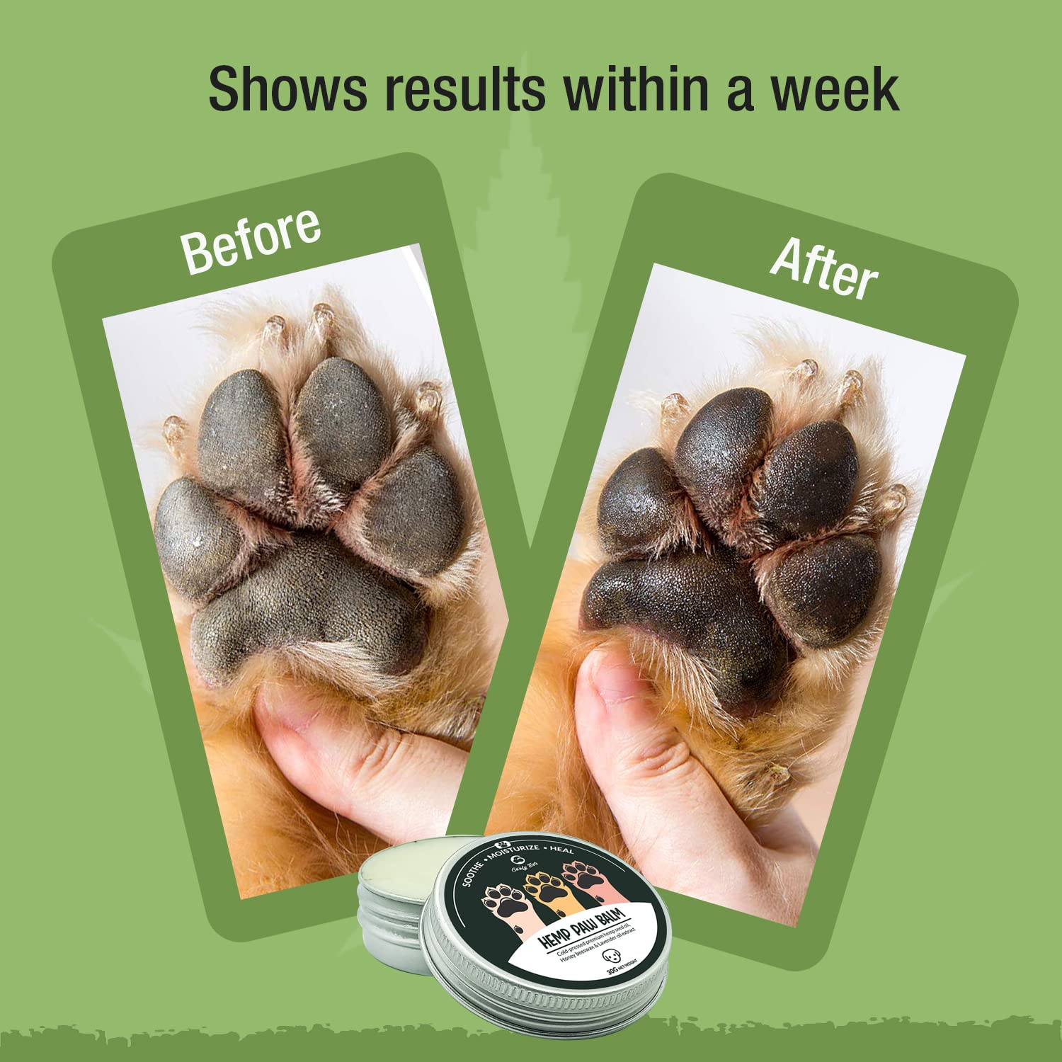 Before and after results from goofy tails paw cream for dogs