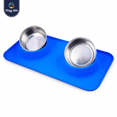 Goofy Tails Rectangle Silicone Double Dinner with Stainless Steel Food Bowl For Dogs (Blue)