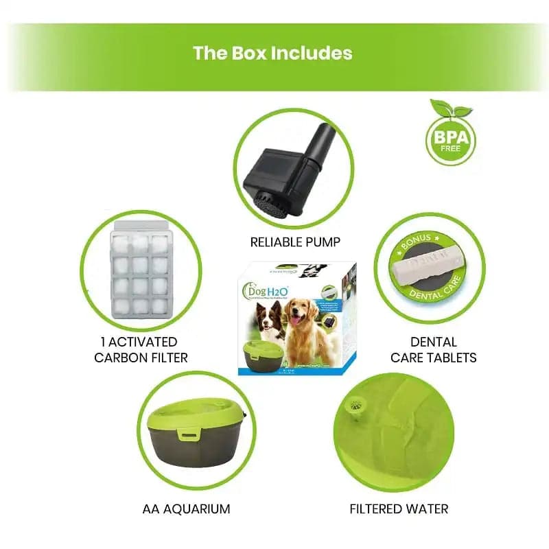 dog water fountain box includes reliable pump, dog dental care tablets, carbon filter