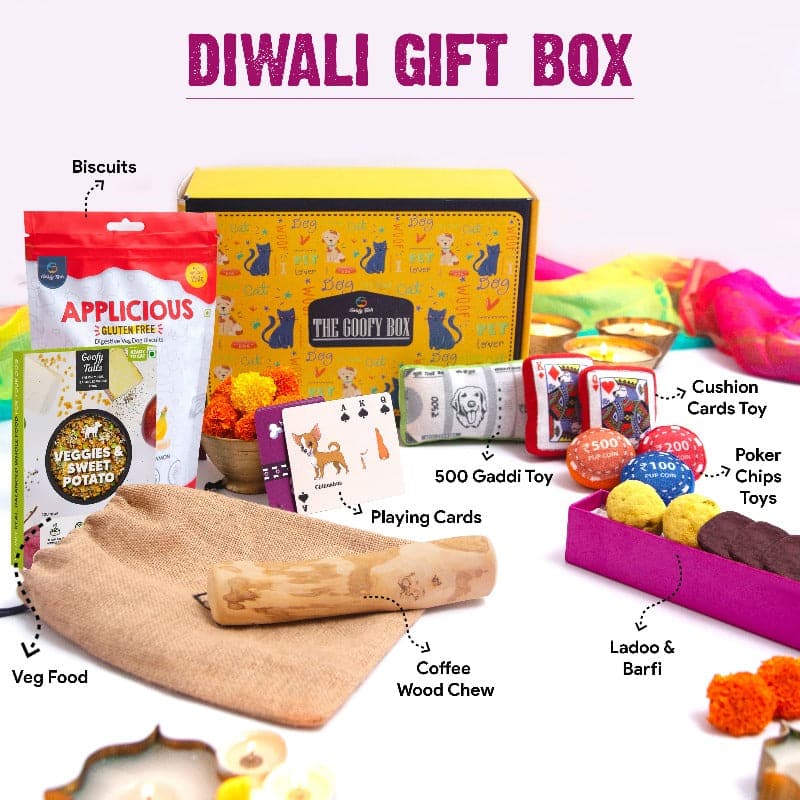 Buy Veg Diwali Gift Box For Dogs and puppies (Veg Dog Treats,500 ki gaddi, Ladoo and Barfi, Coffee wood, pocker chips and solitaire cards) (7617550745750)